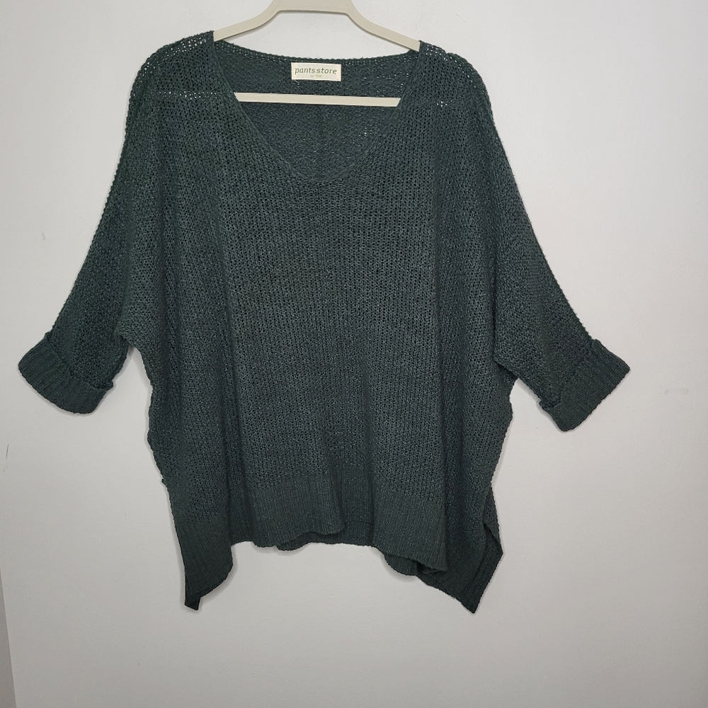 The Pants Store Green Boxy Oversized Knit V-Neck Pullover Sweater One Size
